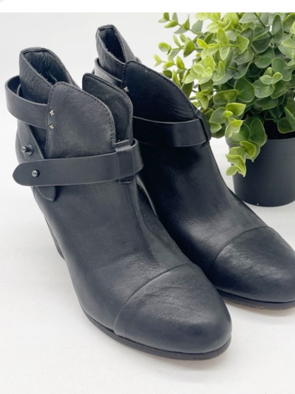 rag & bone Black Leather Ankle Booties with Strap Accents